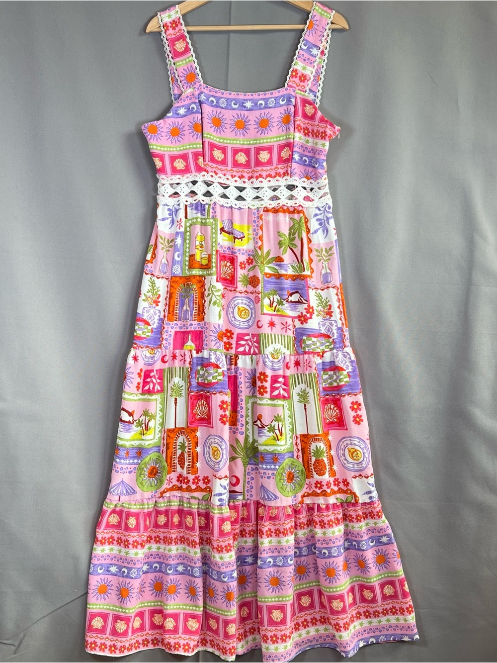No Comment SzL Pink&Purple Patchwork Maxi Sundress w/Crochet Waist Vaca to Capri
